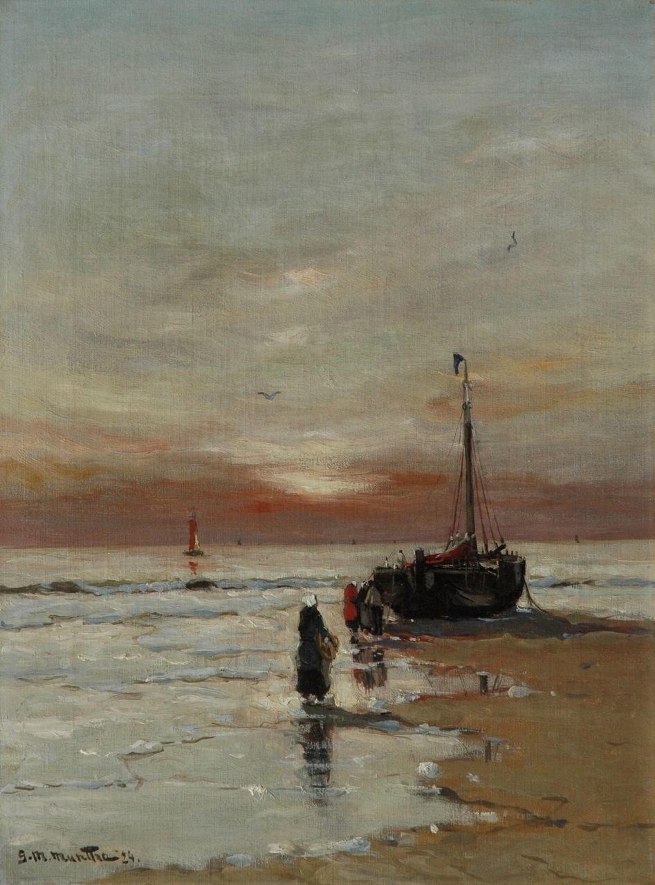 Munthe G.A.L. | Gerhard Arij Ludwig 'Morgenstjerne' Munthe, Vissersvolk op het strand bij zonsondergang, olieverf op doek 40,3 x 30,4 cm, gesigneerd linksonder en gedateerd '24 Munthe G.A.L. | Gerhard Arij Ludwig 'Morgenstjerne' Munthe, Vissersvolk op het strand bij zonsondergang, olieverf op doek 40,3 x 30,4 cm, gesigneerd linksonder en gedateerd '24