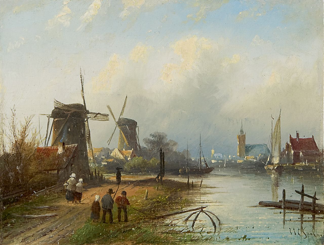 Spohler J.J.C. | Jacob Jan Coenraad Spohler, Zomers riviergezicht met molens, olieverf op paneel 15,8 x 20,6 cm, gesigneerd rechtsonder Spohler J.J.C. | Jacob Jan Coenraad Spohler, Zomers riviergezicht met molens, olieverf op paneel 15,8 x 20,6 cm, gesigneerd rechtsonder