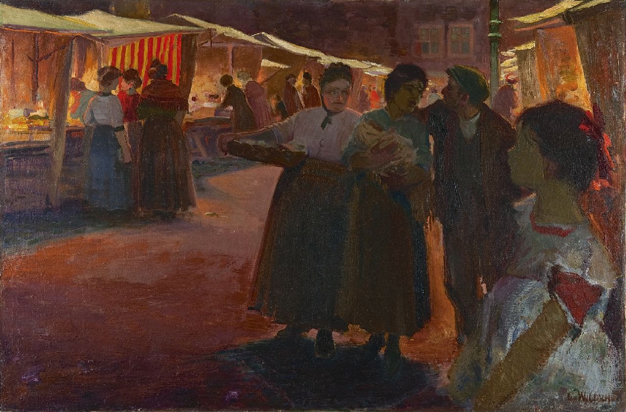 Wildschut G.P.W.  | 'George' Petrus Wilhelmus Wildschut | Schilderijen te koop aangeboden | Avondmarkt in de Joodse buurt, Amsterdam, olieverf op doek 66,1 x 100,1 cm, gesigneerd rechtsonder en zonder lijst