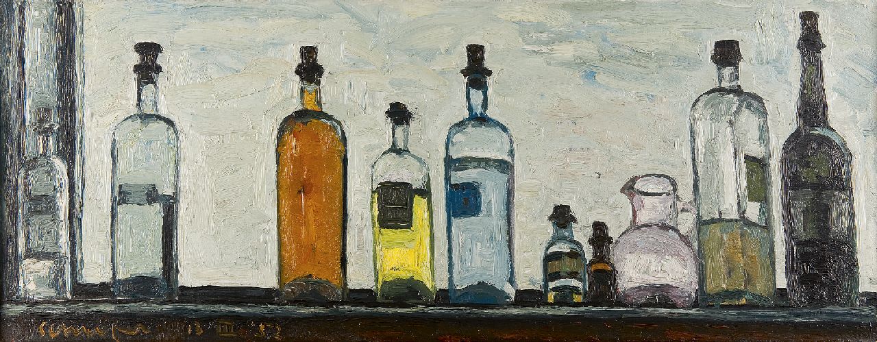 Schrofer W. | Wilhelmus 'Willem' Schrofer, Stilleven van flessen, olieverf op doek 36,8 x 95,1 cm, gesigneerd linksonder en gedateerd 13-III-'52 Schrofer W. | Wilhelmus 'Willem' Schrofer, Stilleven van flessen, olieverf op doek 36,8 x 95,1 cm, gesigneerd linksonder en gedateerd 13-III-'52