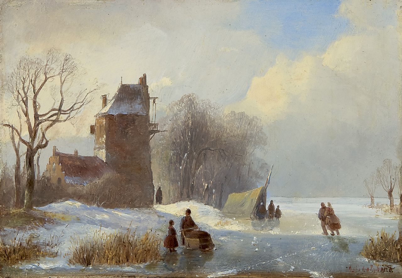 Spohler J.J.  | Jan Jacob Spohler, Winterlandschap met schaatsers en koek-en-zopie, olieverf op paneel 16,8 x 23,8 cm