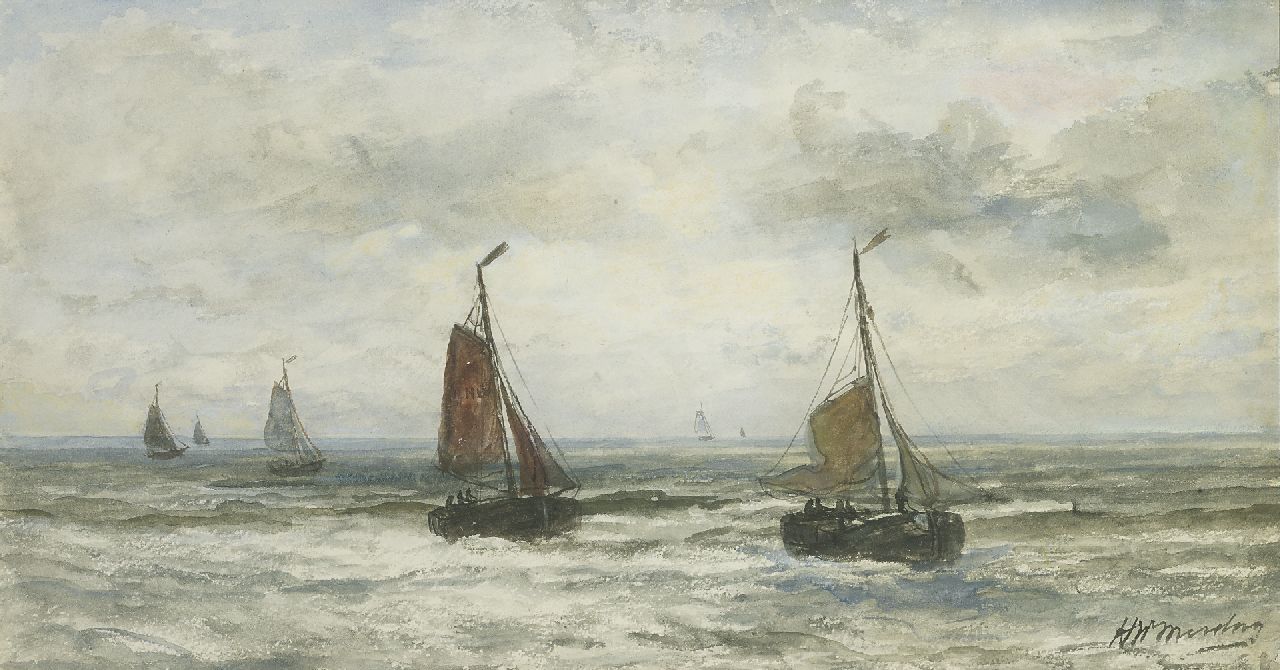 Mesdag H.W.  | Hendrik Willem Mesdag, Binnenvallende pinken, aquarel op papier 24,0 x 44,5 cm, gesigneerd rechtsonder