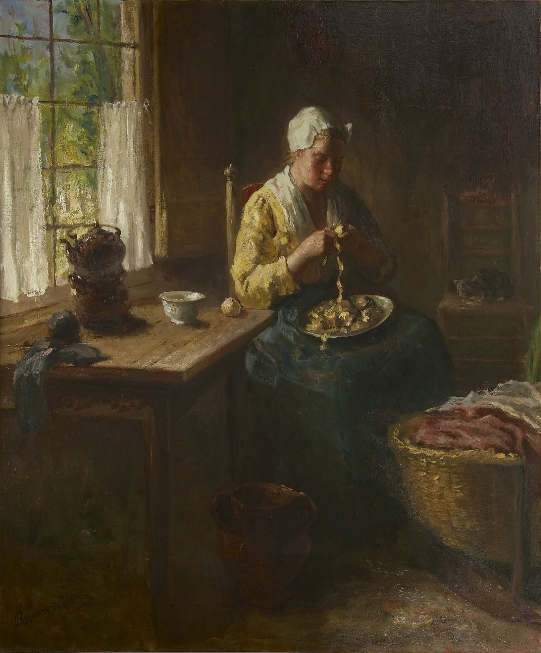 Hoog J.B. de | Johan 'Bernard' de Hoog | Schilderijen te koop aangeboden | Aardappels schillen, olieverf op doek 120,3 x 100,3 cm, gesigneerd linksonder Hoog J.B. de | Johan 'Bernard' de Hoog | Schilderijen te koop aangeboden | Aardappels schillen, olieverf op doek 120,3 x 100,3 cm, gesigneerd linksonder