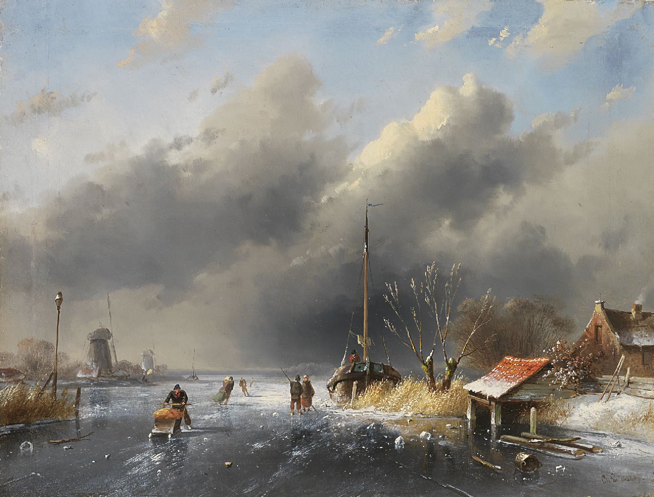 Leickert C.H.J. | 'Charles' Henri Joseph Leickert, Schaatsers bij een ingevroren schuit, olieverf op paneel 26,8 x 35,5 cm, gesigneerd rechtsonder Leickert C.H.J. | 'Charles' Henri Joseph Leickert, Schaatsers bij een ingevroren schuit, olieverf op paneel 26,8 x 35,5 cm, gesigneerd rechtsonder