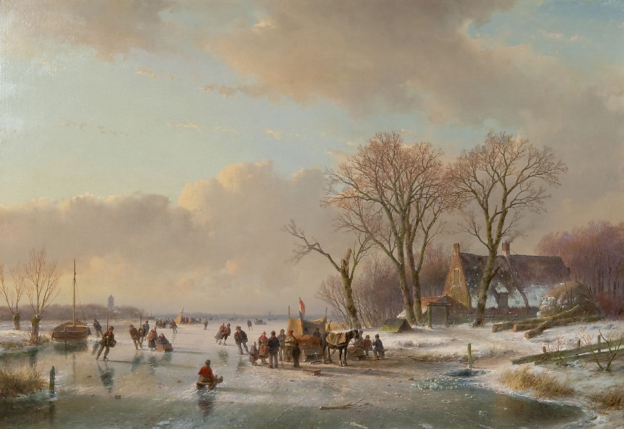 Schelfhout A.  | Andreas Schelfhout, Schaatsvertier op een bevroren rivier, olieverf op doek 65,3 x 93,1 cm, gesigneerd linksonder en te dateren ca. 1855