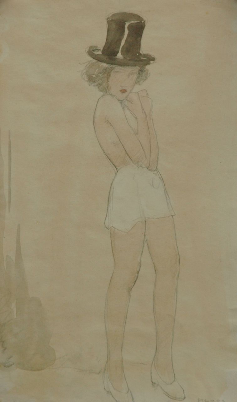 Kloos C. | Cornelis Kloos, Meisje met hoge hoed en wit rokje, potlood en aquarel op papier 30,7 x 17,9 cm, gesigneerd rechtsonder en te dateren 15-10-1941 Kloos C. | Cornelis Kloos, Meisje met hoge hoed en wit rokje, potlood en aquarel op papier 30,7 x 17,9 cm, gesigneerd rechtsonder en te dateren 15-10-1941