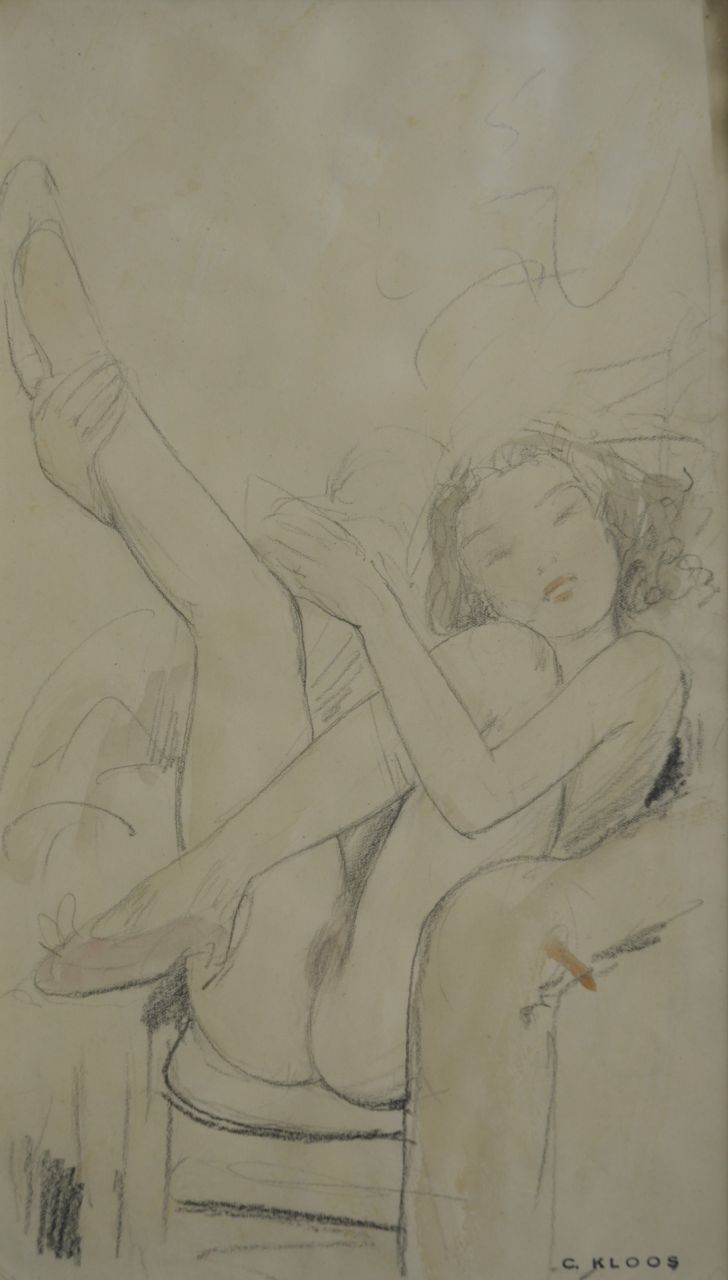 Kloos C. | Cornelis Kloos, Zittend meisje met omhoog geheven benen, potlood en aquarel op papier 30,8 x 17,8 cm, gesigneerd rechtsonder met stempel en te dateren 4-2-41 Kloos C. | Cornelis Kloos, Zittend meisje met omhoog geheven benen, potlood en aquarel op papier 30,8 x 17,8 cm, gesigneerd rechtsonder met stempel en te dateren 4-2-41