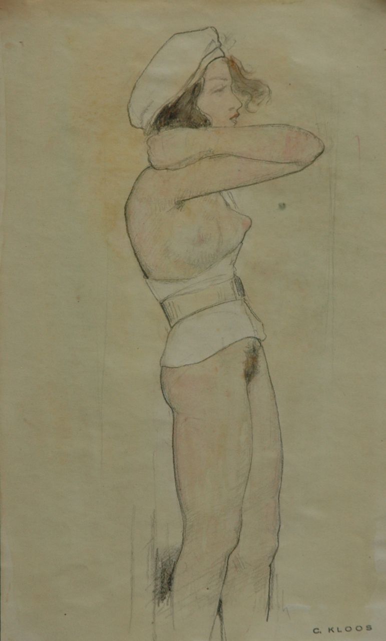 Kloos C.  | Cornelis Kloos, Meisje met wit lijfje en witte baret, potlood en aquarel op papier 30,3 x 18,0 cm, gesigneerd rechtsonder met stempel en te dateren 12-2-1942