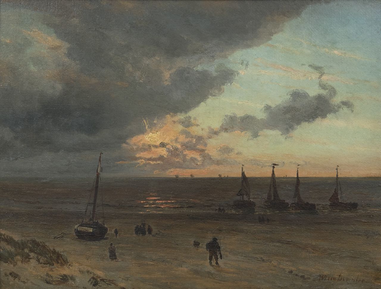 Deventer W.A. van | 'Willem' Anthonie van Deventer | Schilderijen te koop aangeboden | Strandgezicht met vissersschepen bij ondergaande zon, olieverf op papier op paneel 32,0 x 41,6 cm, gesigneerd rechtsonder
