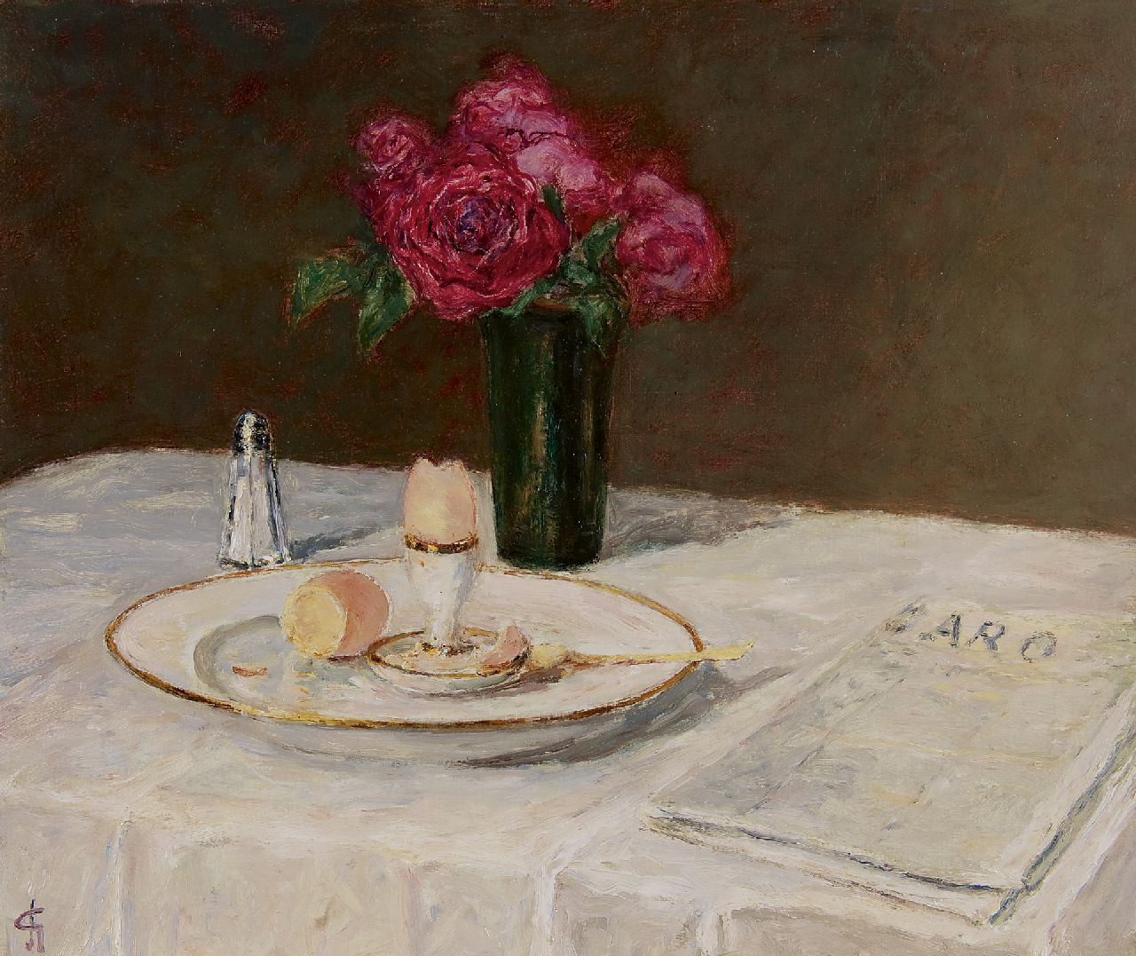 Storm van 's-Gravesande C.N. | Carel Nicolaas Storm van 's-Gravesande, Ontbijtstilleven, Parijs, olieverf op doek op board 46,0 x 55,1 cm, gesigneerd linksonder met monogram en verso voluit en verso gedateerd 1908 Storm van 's-Gravesande C.N. | Carel Nicolaas Storm van 's-Gravesande, Ontbijtstilleven, Parijs, olieverf op doek op board 46,0 x 55,1 cm, gesigneerd linksonder met monogram en verso voluit en verso gedateerd 1908