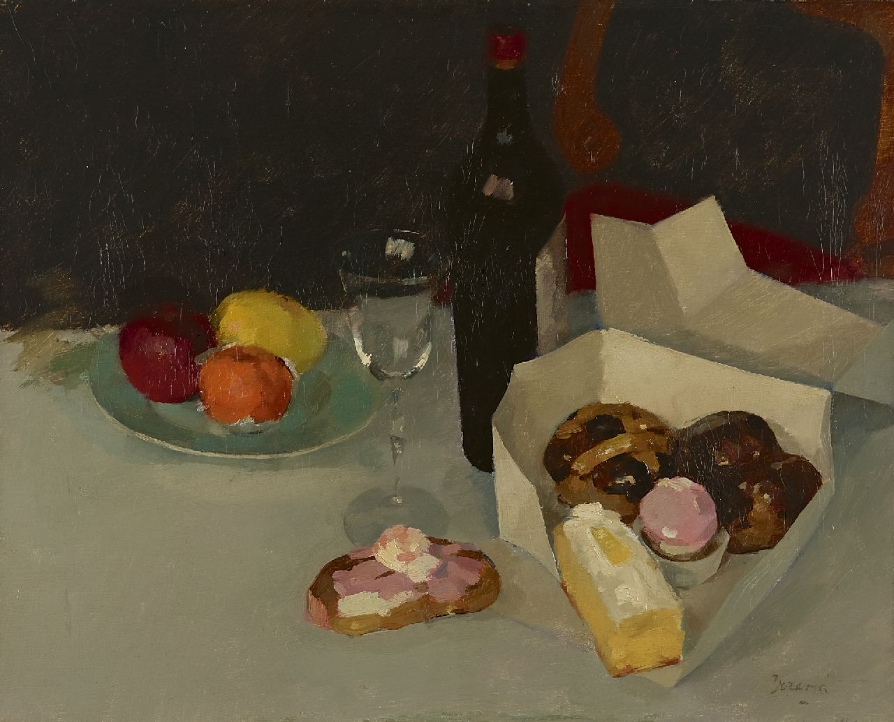 Verdonk F.W. | Frederik Willem 'Frits' Verdonk, Stilleven met wijnfles en gebakjes, olieverf op doek 40,7 x 50,4 cm, gesigneerd rechtsonder Verdonk F.W. | Frederik Willem 'Frits' Verdonk, Stilleven met wijnfles en gebakjes, olieverf op doek 40,7 x 50,4 cm, gesigneerd rechtsonder