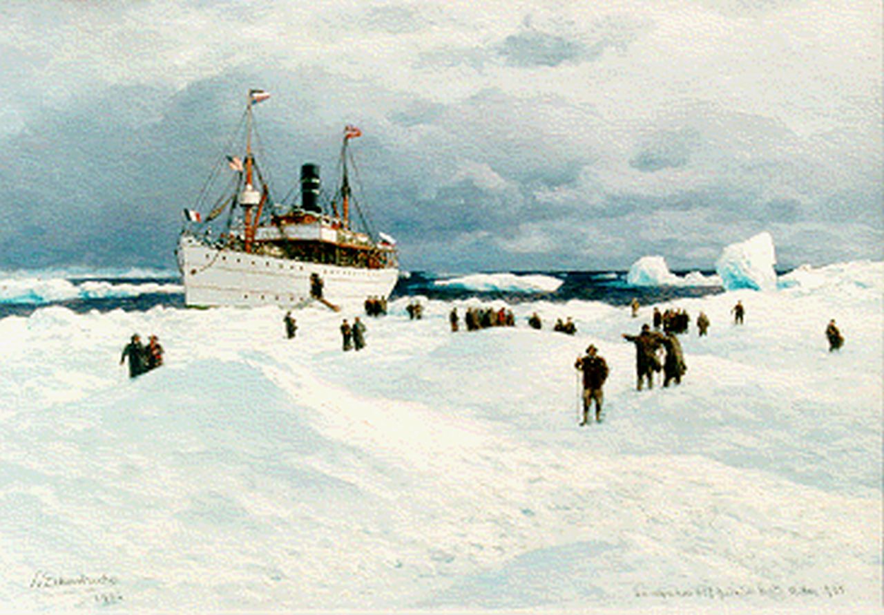 Eckenbrecher K.P.Th. von | Karl Paul Themistocles von Eckenbrecher, De 'Oihonna' op het ijs bij Spitsbergen, olieverf op doek 39,0 x 55,2 cm, gesigneerd linksonder en gedateerd 1905 Eckenbrecher K.P.Th. von | Karl Paul Themistocles von Eckenbrecher, De 'Oihonna' op het ijs bij Spitsbergen, olieverf op doek 39,0 x 55,2 cm, gesigneerd linksonder en gedateerd 1905