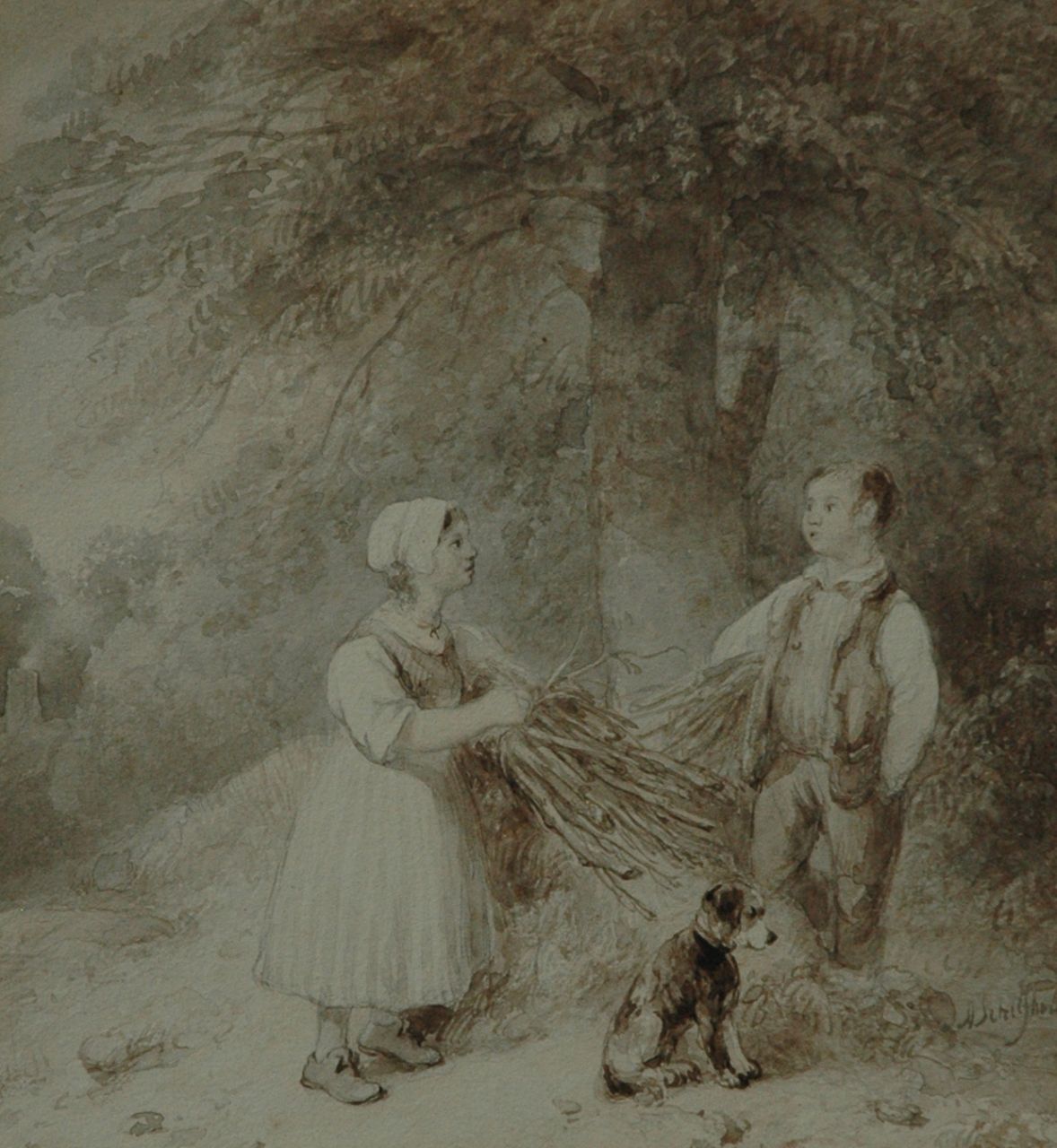 Schelfhout A.  | Andreas Schelfhout, Gesprekje in het bos, gewassen inkt op papier 21,3 x 19,2 cm, gesigneerd rechtsonder