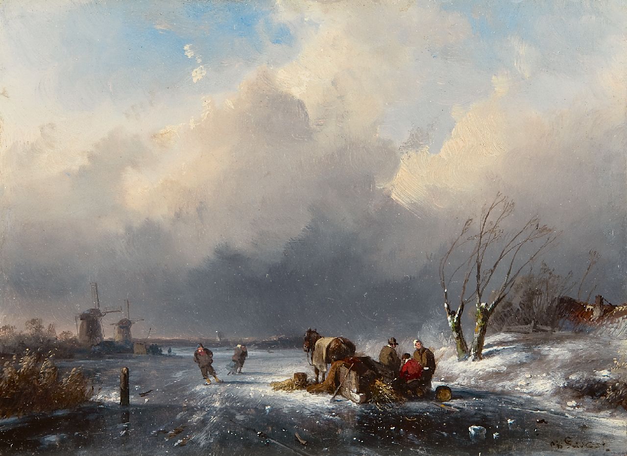 Leickert C.H.J. | 'Charles' Henri Joseph Leickert, Landvolk bij een trekslede op het ijs, olieverf op paneel 15,2 x 20,7 cm, gesigneerd rechtsonder Leickert C.H.J. | 'Charles' Henri Joseph Leickert, Landvolk bij een trekslede op het ijs, olieverf op paneel 15,2 x 20,7 cm, gesigneerd rechtsonder