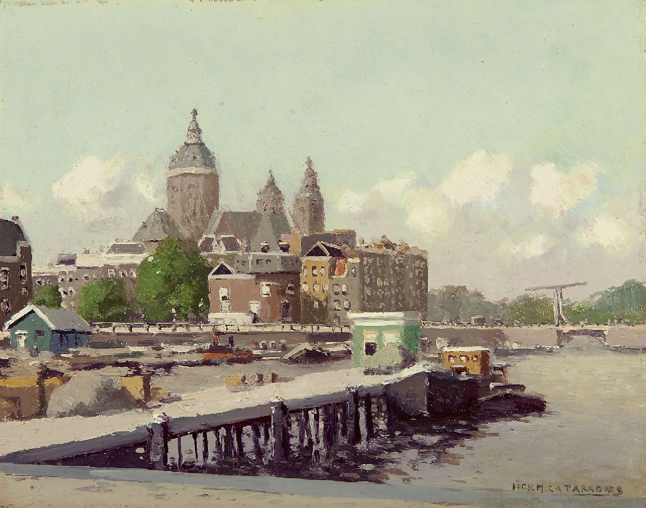 Paradies H.C.A. | Herman Cornelis Adolf Paradies, Het Oosterdok in Amsterdam met de Schreierstoren en St. Nicolaaskerk, olieverf op schildersboard 23,6 x 29,7 cm, gesigneerd rechtsonder Paradies H.C.A. | Herman Cornelis Adolf Paradies, Het Oosterdok in Amsterdam met de Schreierstoren en St. Nicolaaskerk, olieverf op schildersboard 23,6 x 29,7 cm, gesigneerd rechtsonder