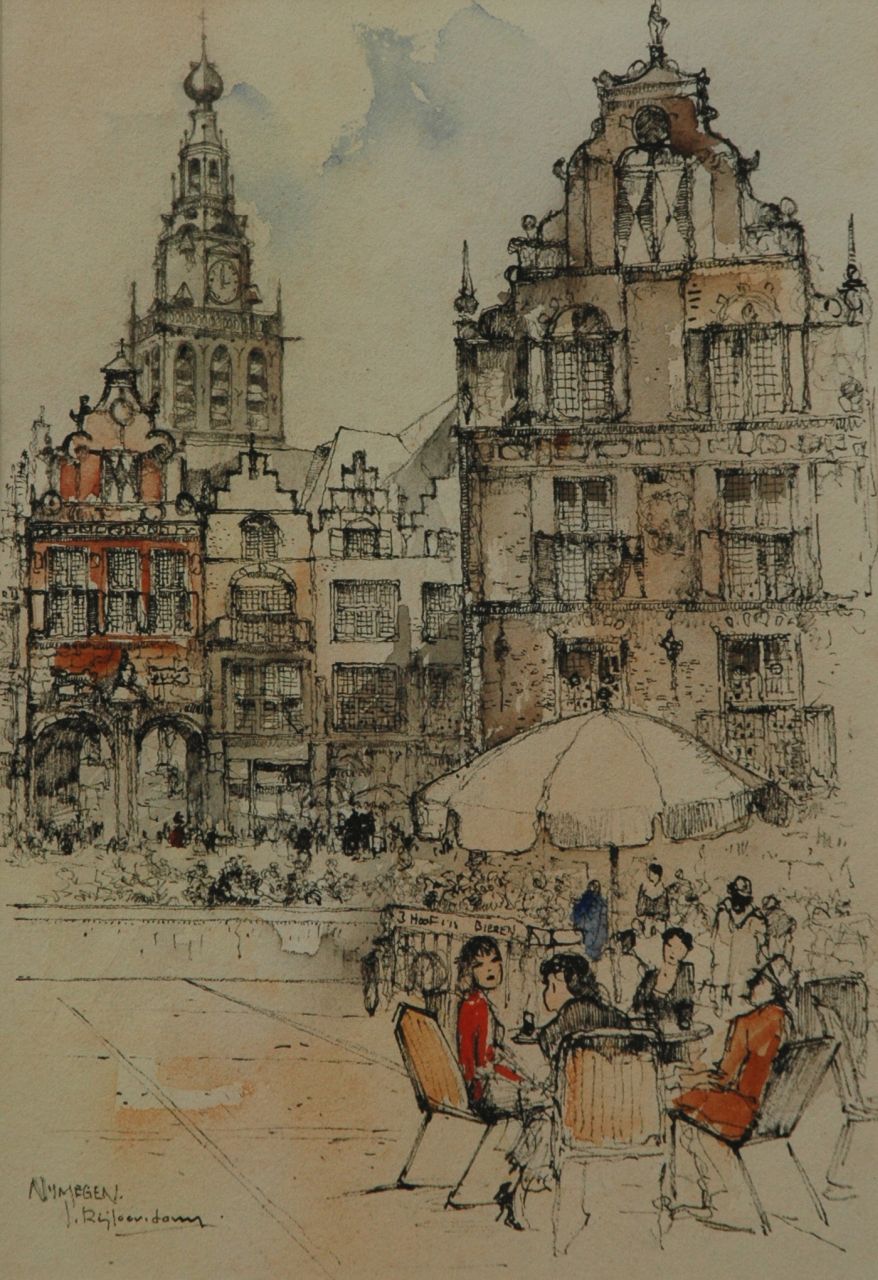 Rijlaarsdam J. | Jan Rijlaarsdam, Terrasje op de Grote Markt, Nijmegen, pen en inkt en aquarel op papier 25,2 x 17,7 cm, gesigneerd linksonder Rijlaarsdam J. | Jan Rijlaarsdam, Terrasje op de Grote Markt, Nijmegen, pen en inkt en aquarel op papier 25,2 x 17,7 cm, gesigneerd linksonder