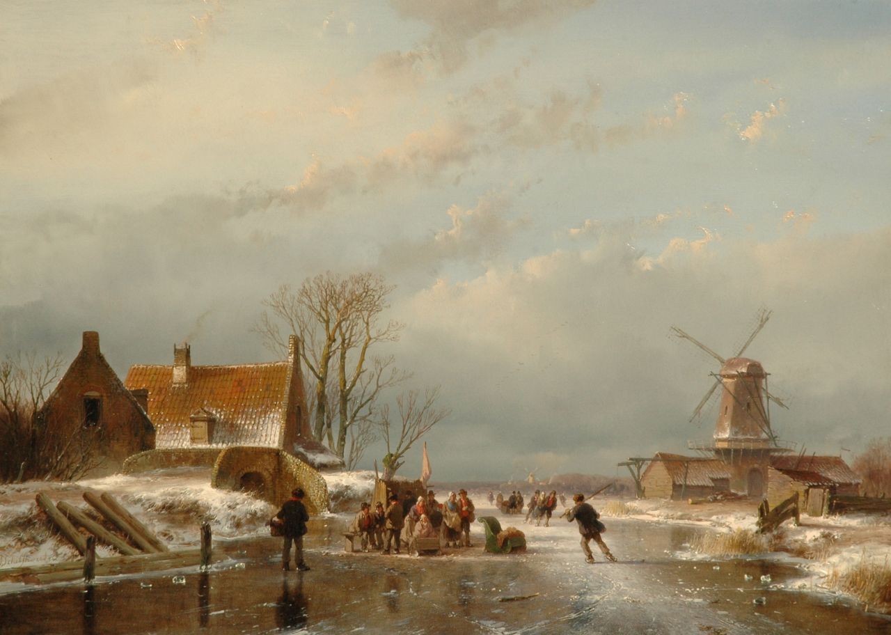 Schelfhout A.  | Andreas Schelfhout, IJsgezicht met schaatsers bij een koek-en-zopie, olieverf op paneel 33,6 x 46,0 cm, gesigneerd linksonder en gedateerd '56