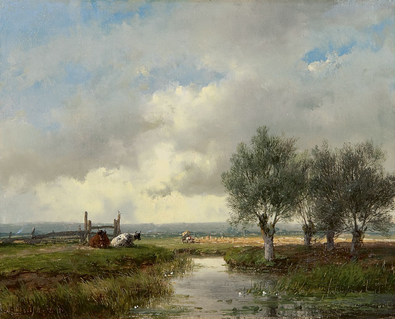 Schelfhout A. | Andreas Schelfhout, Zomerlandschap met vee en hooiend landvolk, olieverf op paneel 18,0 x 22,3 cm, gesigneerd linksonder en gedateerd '51 Schelfhout A. | Andreas Schelfhout, Zomerlandschap met vee en hooiend landvolk, olieverf op paneel 18,0 x 22,3 cm, gesigneerd linksonder en gedateerd '51