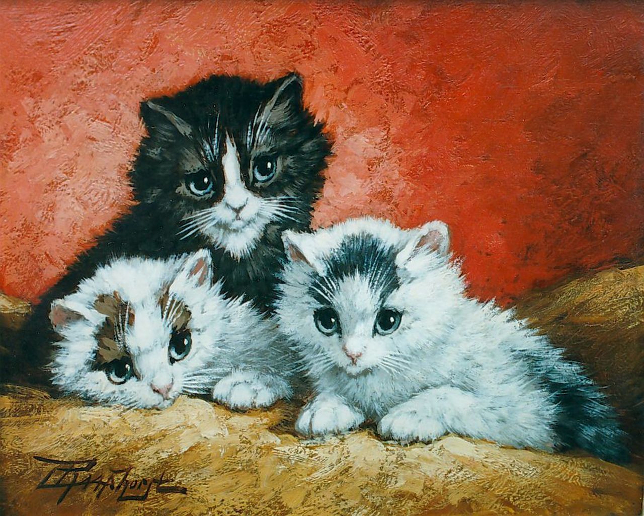 Raaphorst C. | Cornelis Raaphorst, Drie poesjes op een kussen, 14,9 x 18,2 cm, gesigneerd linksonder Raaphorst C. | Cornelis Raaphorst, Drie poesjes op een kussen, 14,9 x 18,2 cm, gesigneerd linksonder