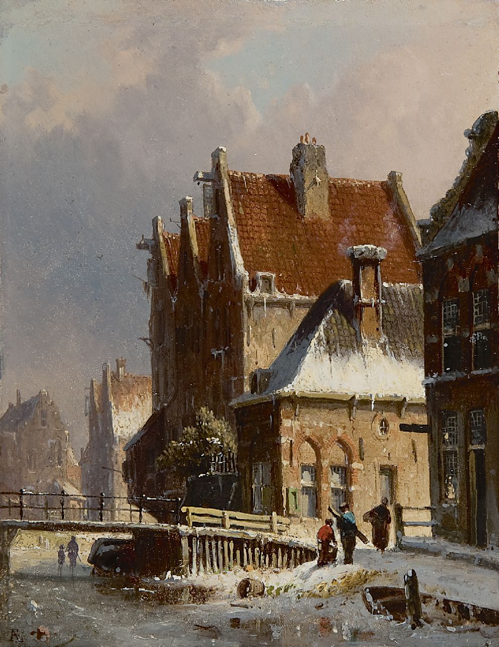Eversen A. | Adrianus Eversen, Besneeuwd grachtje, olieverf op paneel 19,1 x 14,7 cm, gesigneerd linksonder met monogram Eversen A. | Adrianus Eversen, Besneeuwd grachtje, olieverf op paneel 19,1 x 14,7 cm, gesigneerd linksonder met monogram