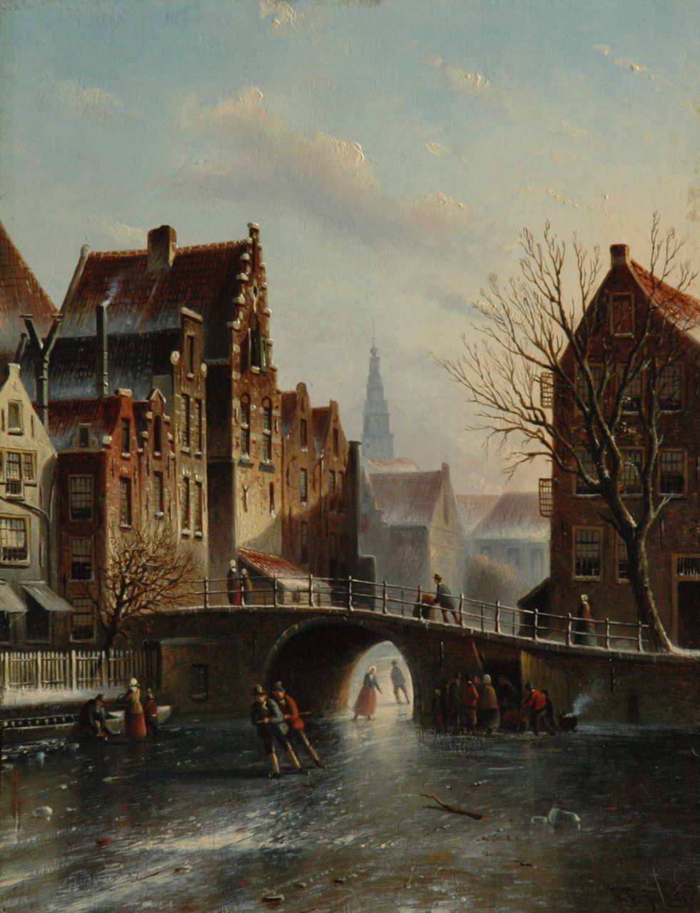 Spohler J.F. | Johannes Franciscus Spohler, Stadsgezicht in de winter met de Amsterdamse Zuiderkerkstoren, olieverf op paneel 39,1 x 30,3 cm, gesigneerd rechtsonder Spohler J.F. | Johannes Franciscus Spohler, Stadsgezicht in de winter met de Amsterdamse Zuiderkerkstoren, olieverf op paneel 39,1 x 30,3 cm, gesigneerd rechtsonder