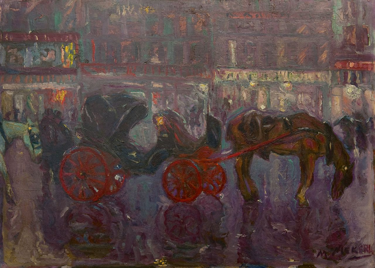 Niekerk M.J.  | 'Maurits' Joseph Niekerk | Schilderijen te koop aangeboden | Wachtende huurkoetsen bij avond, Brussel, olieverf op board 61,3 x 84,5 cm, gesigneerd rechtsonder en te dateren ca. 1903-1908