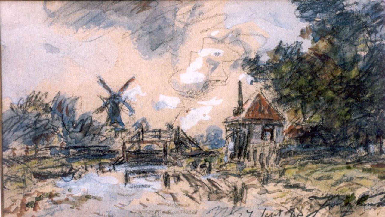 Jongkind J.B. | Johan Barthold Jongkind, Polderlandschap met molen en bruggetje, aquarel op papier 11,0 x 19,0 cm, gesigneerd rechtsonder en gedateerd '88 Jongkind J.B. | Johan Barthold Jongkind, Polderlandschap met molen en bruggetje, aquarel op papier 11,0 x 19,0 cm, gesigneerd rechtsonder en gedateerd '88
