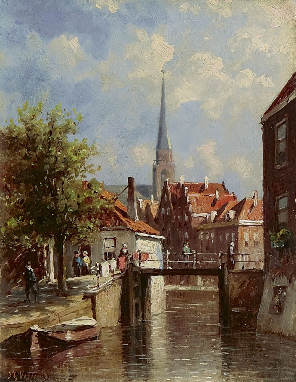Vertin P.G. | Petrus Gerardus Vertin, Gezicht op de Romeijnbrug met sluisdeuren in Oudewater, olieverf op paneel 14,7 x 11,4 cm, gesigneerd linksonder en gedateerd '86 Vertin P.G. | Petrus Gerardus Vertin, Gezicht op de Romeijnbrug met sluisdeuren in Oudewater, olieverf op paneel 14,7 x 11,4 cm, gesigneerd linksonder en gedateerd '86