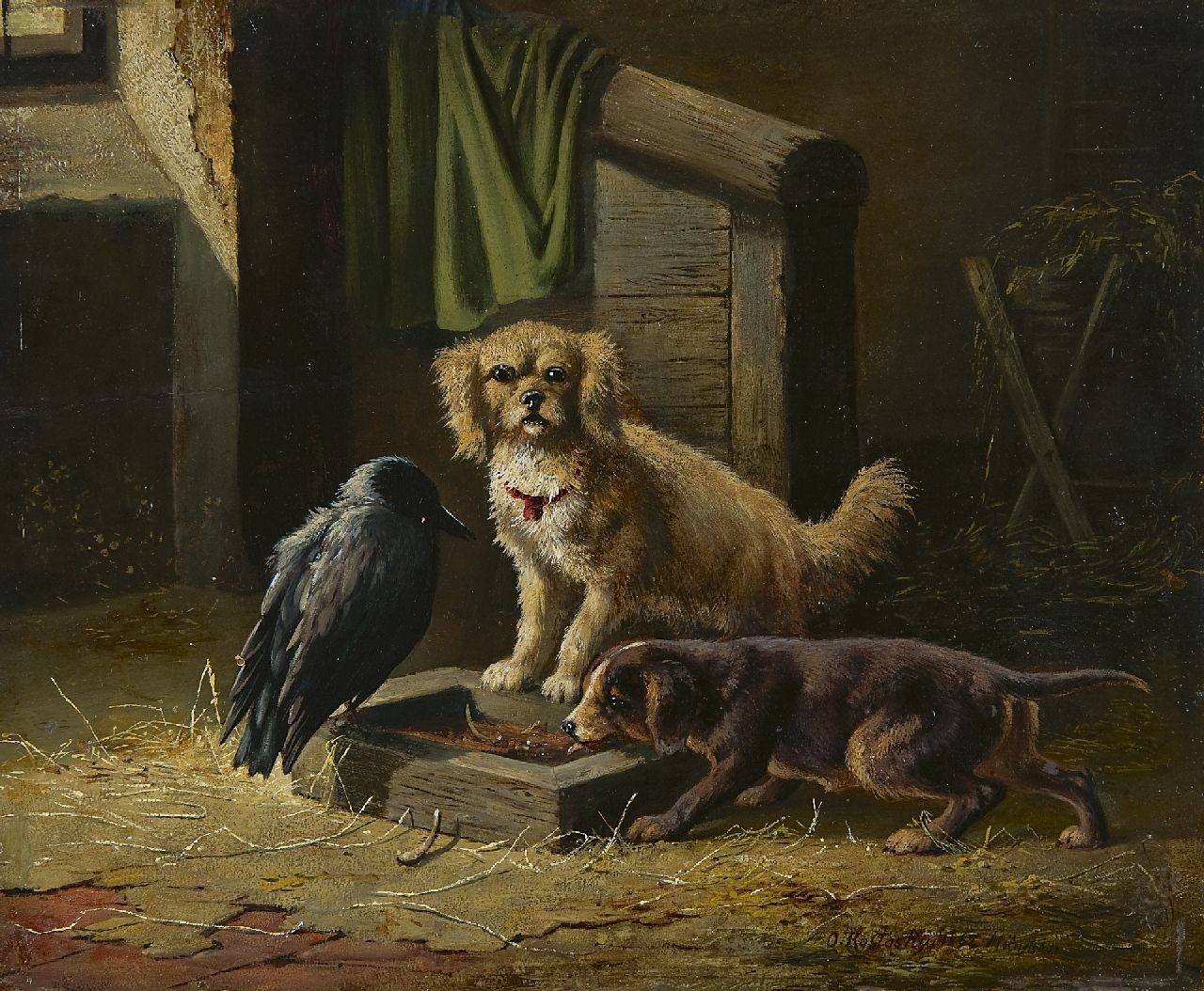 Rostosky C.O. | Carl Oswald Rostosky, De ongenode gast, olieverf op paneel 28,0 x 33,9 cm, gesigneerd rechtsonder en gedateerd '1862 München' Rostosky C.O. | Carl Oswald Rostosky, De ongenode gast, olieverf op paneel 28,0 x 33,9 cm, gesigneerd rechtsonder en gedateerd '1862 München'