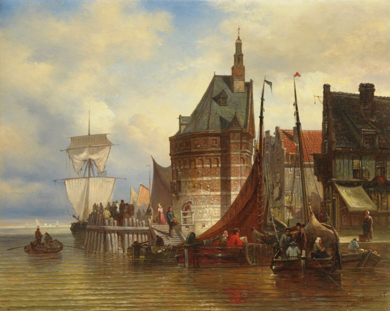 Bommel E.P. van | Elias Pieter van Bommel, Afgemeerde schepen bij de Hoofdtoren van Hoorn, olieverf op doek 42,5 x 53,0 cm, gesigneerd rechtsonder en op het spieraam gedateerd Juni 1877 Bommel E.P. van | Elias Pieter van Bommel, Afgemeerde schepen bij de Hoofdtoren van Hoorn, olieverf op doek 42,5 x 53,0 cm, gesigneerd rechtsonder en op het spieraam gedateerd Juni 1877