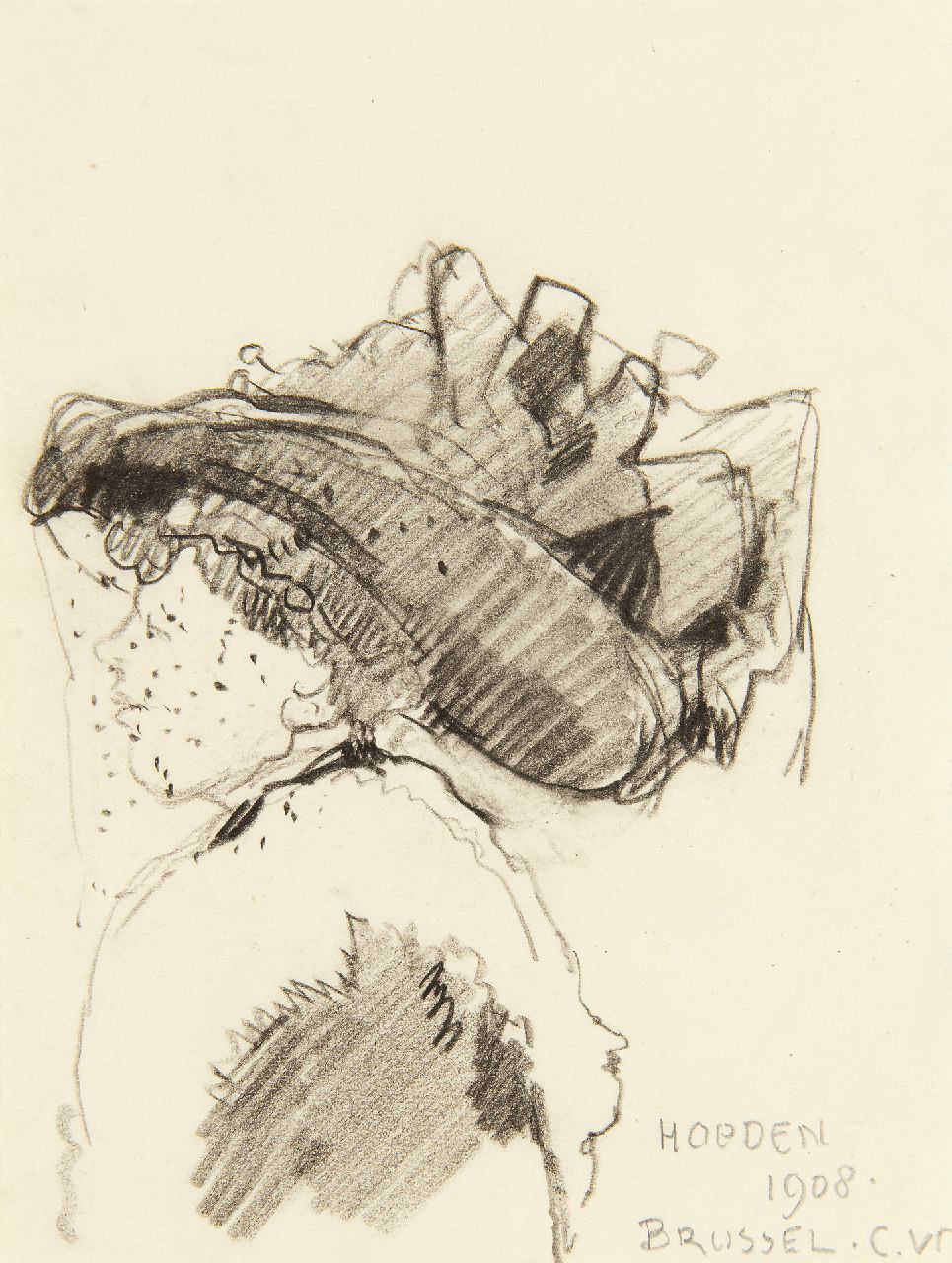 Vreedenburgh C.  | Cornelis Vreedenburgh | Aquarellen en tekeningen te koop aangeboden | De nieuwste hoedenmode in Brussel, 1908, zwart krijt op papier 13,2 x 10,2 cm, gesigneerd rechtsonder met initialen en gedateerd 1908