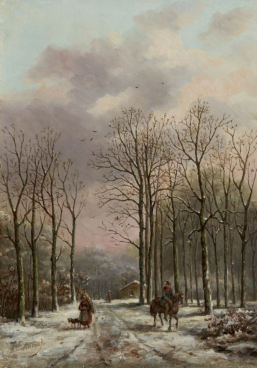 Voorn Boers S.T. | Sebastiaan Theodorus Voorn Boers, Winters bospad met figuren, olieverf op paneel 32,6 x 24,3 cm, gesigneerd linksonder Voorn Boers S.T. | Sebastiaan Theodorus Voorn Boers, Winters bospad met figuren, olieverf op paneel 32,6 x 24,3 cm, gesigneerd linksonder