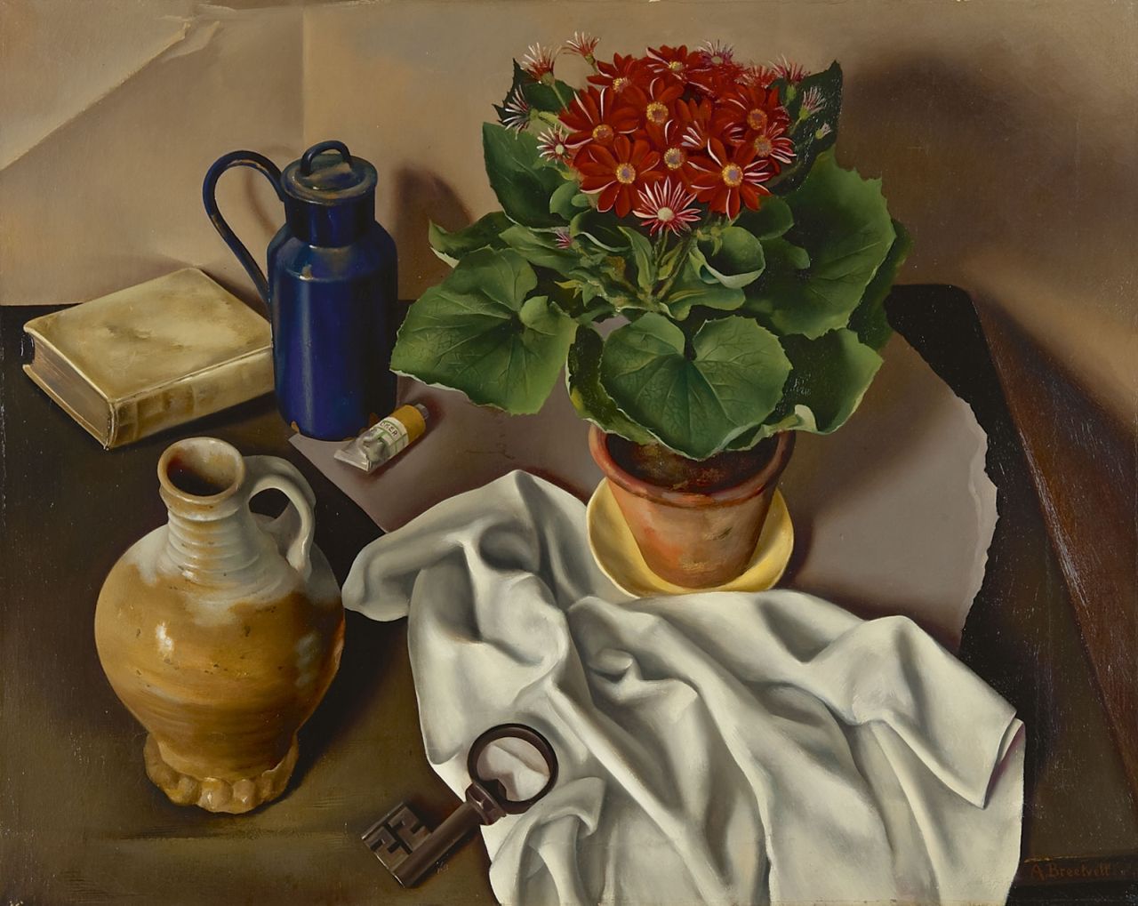 Breetvelt A. | Adolf 'Dolf' Breetvelt, Stilleven met plantje, kruik en sleutel, olieverf op doek 60,4 x 75,1 cm, gesigneerd rechtsonder en gedateerd '22 (vorm sleutel) Breetvelt A. | Adolf 'Dolf' Breetvelt, Stilleven met plantje, kruik en sleutel, olieverf op doek 60,4 x 75,1 cm, gesigneerd rechtsonder en gedateerd '22 (vorm sleutel)