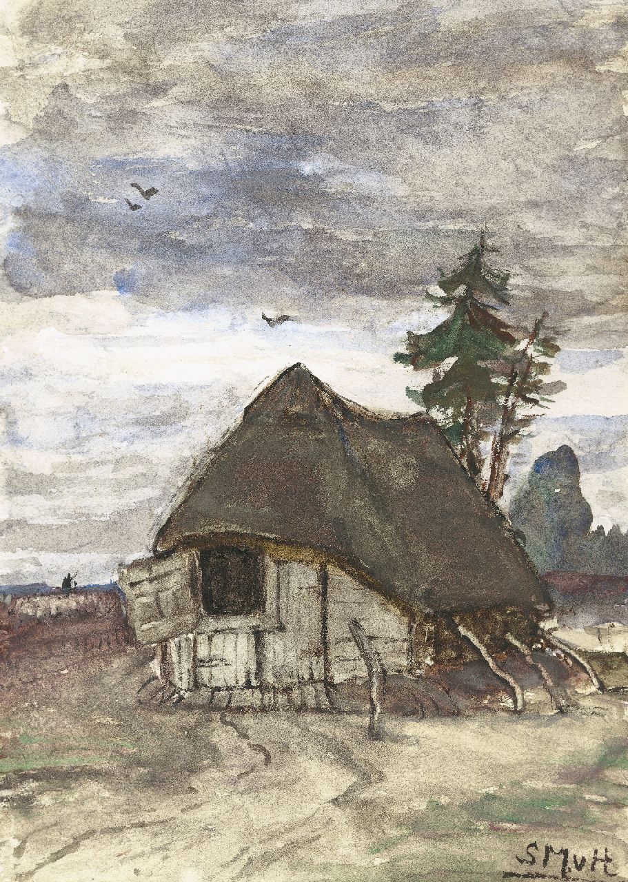 Mesdag-van Houten S.  | Sina 'Sientje' Mesdag-van Houten, Schaapskooi in Drenthe, aquarel op papier 27,1 x 19,0 cm, gesigneerd rechtsonder met initialen