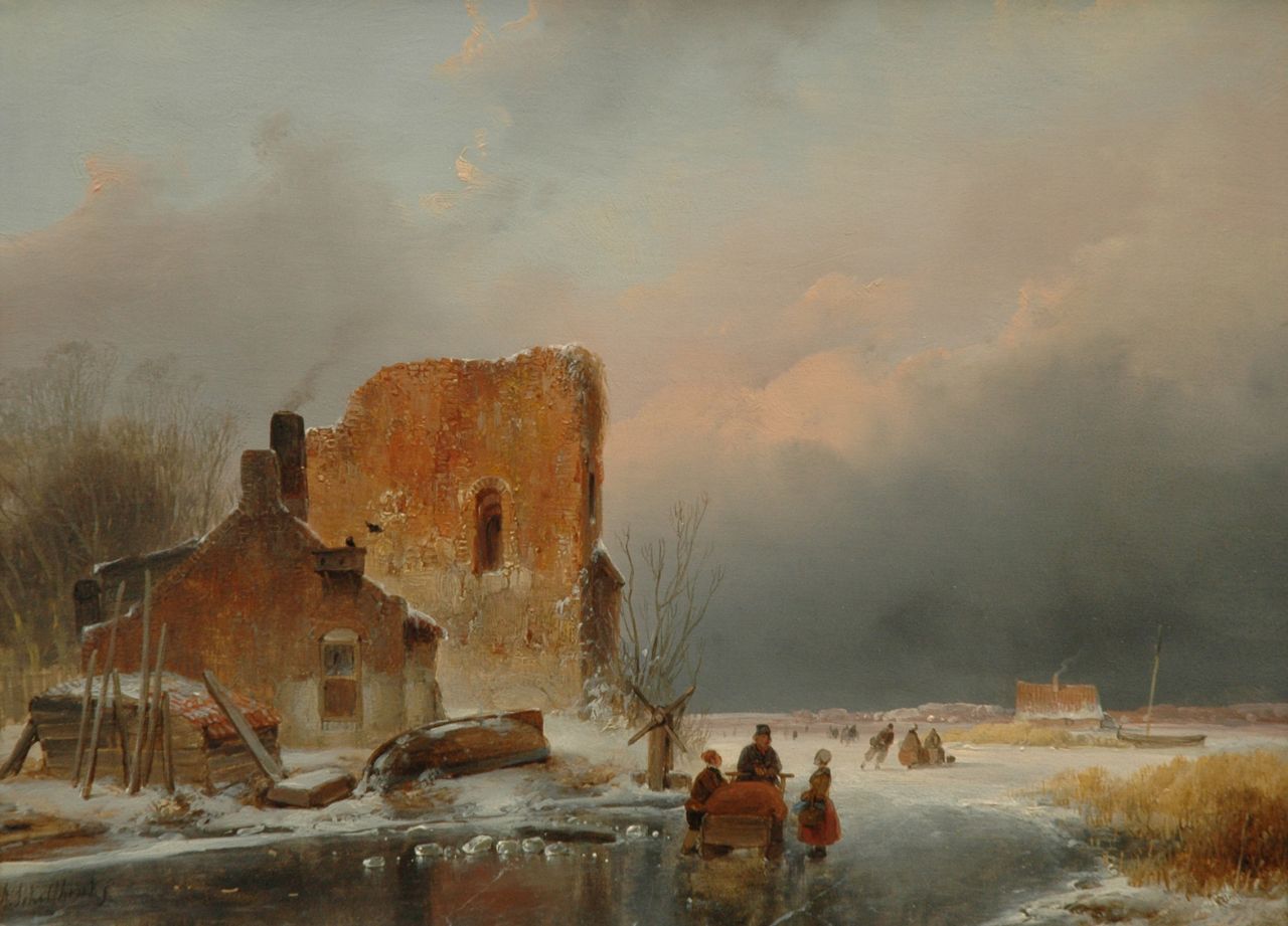 Schelfhout A.  | Andreas Schelfhout, IJsgezicht met figuren bij het wak van een ijsvisser, olieverf op paneel 27,0 x 36,0 cm, gesigneerd linksonder, en verso met brandmerk en verso gedateerd 1839