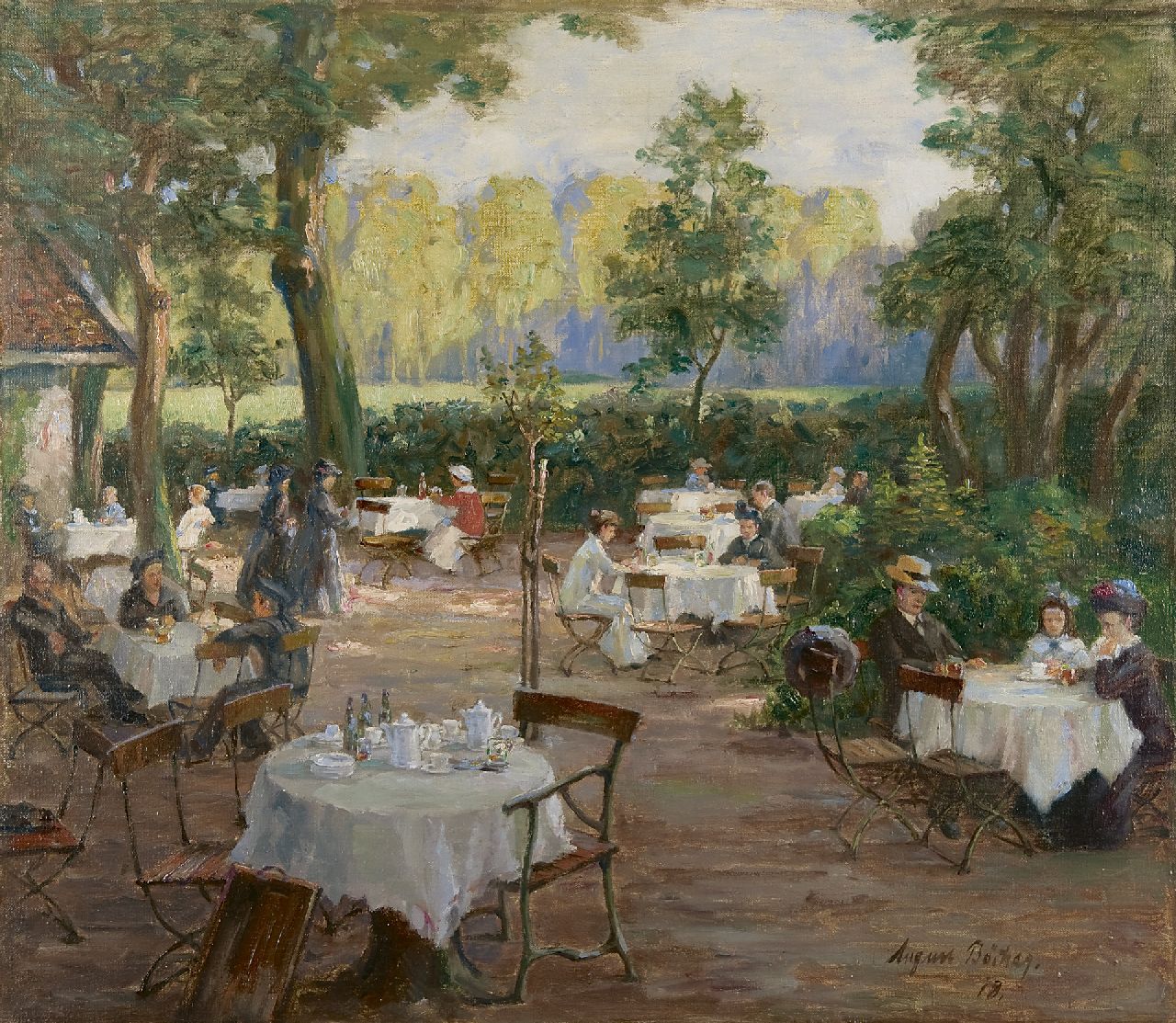 Böcher A. | August Böcher, Namiddag in de theetuin, olieverf op doek 73,9 x 84,2 cm, gesigneerd rechtsonder en gedateerd '18 Böcher A. | August Böcher, Namiddag in de theetuin, olieverf op doek 73,9 x 84,2 cm, gesigneerd rechtsonder en gedateerd '18