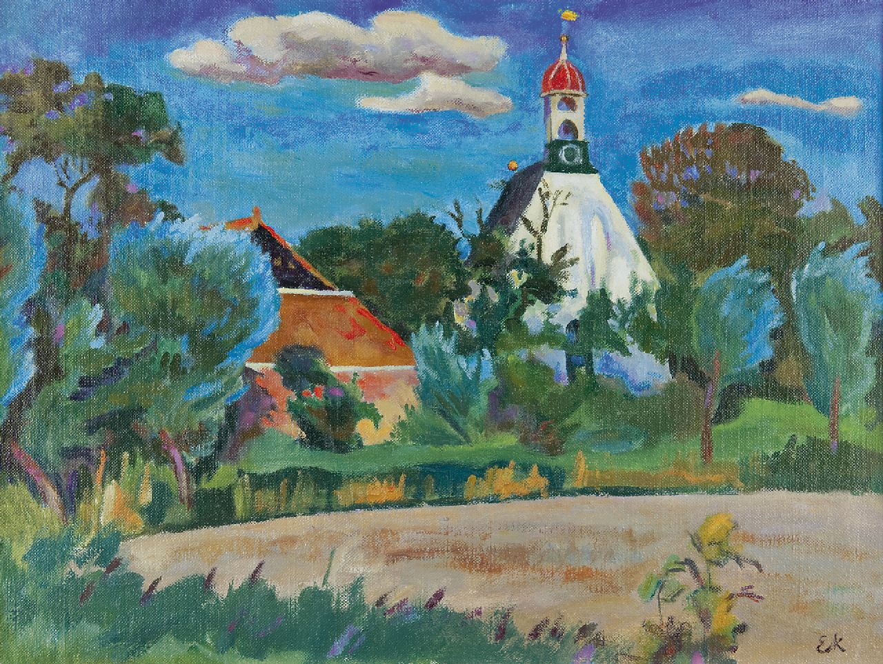 Kleima E.A. | 'Ekke' Abel Kleima, Kerkje te Breede, olieverf op doek 46,3 x 61,1 cm, gesigneerd rechtsonder met initialen en te dateren ca. 1938-1940 Kleima E.A. | 'Ekke' Abel Kleima, Kerkje te Breede, olieverf op doek 46,3 x 61,1 cm, gesigneerd rechtsonder met initialen en te dateren ca. 1938-1940