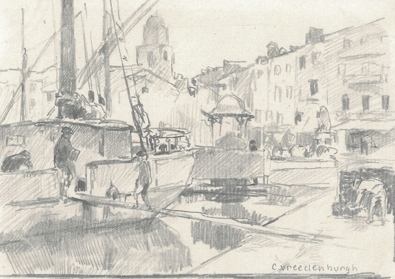 Vreedenburgh C. | Cornelis Vreedenburgh, Havengezicht Zuid Frankrijk, potlood op papier 9,3 x 14,9 cm, gesigneerd rechtsonder Vreedenburgh C. | Cornelis Vreedenburgh, Havengezicht Zuid Frankrijk, potlood op papier 9,3 x 14,9 cm, gesigneerd rechtsonder