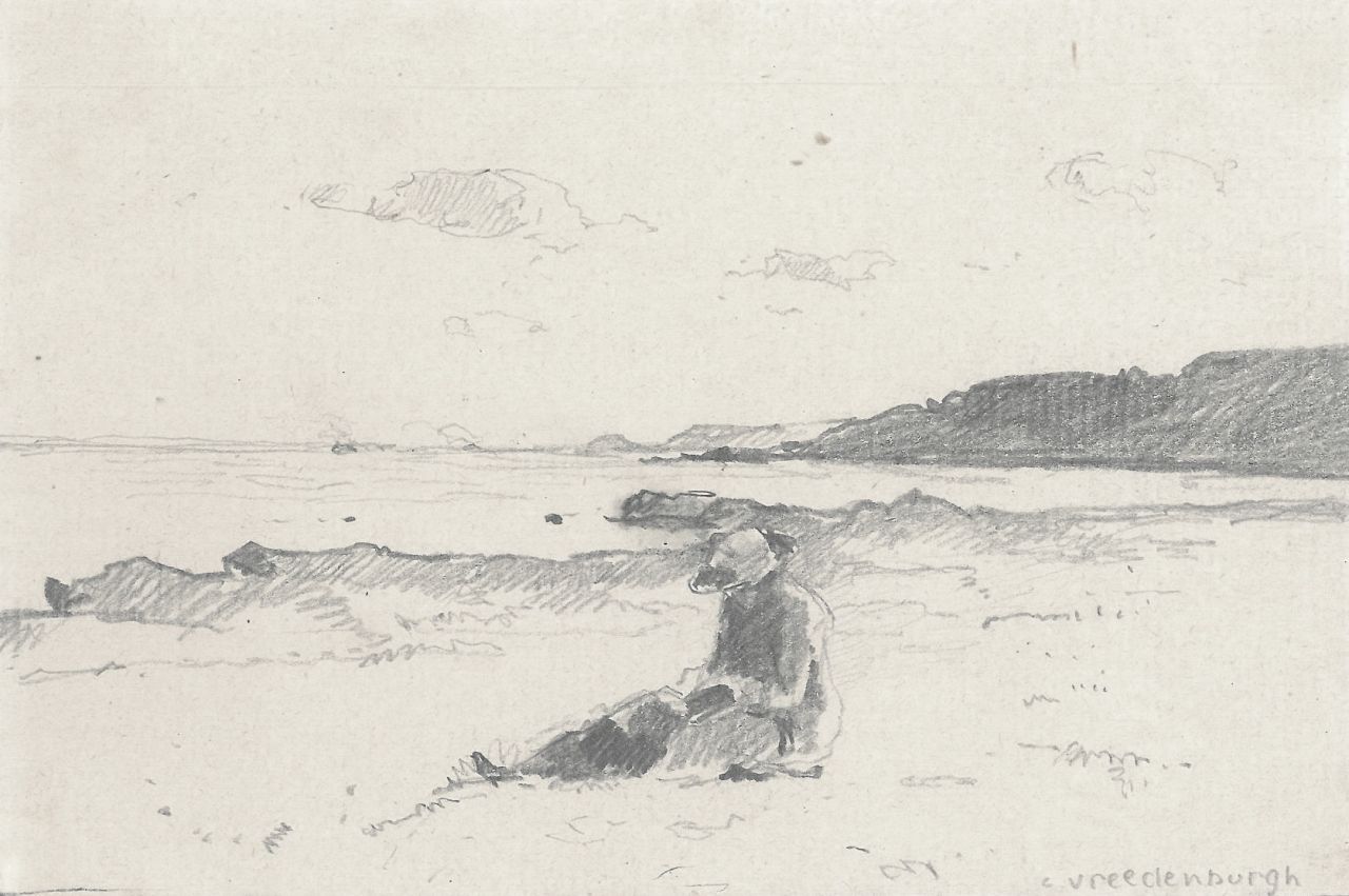 Vreedenburgh C. | Cornelis Vreedenburgh, Vrouw lezend op het strand, potlood op papier 9,1 x 14,0 cm, gesigneerd rechtsonder Vreedenburgh C. | Cornelis Vreedenburgh, Vrouw lezend op het strand, potlood op papier 9,1 x 14,0 cm, gesigneerd rechtsonder