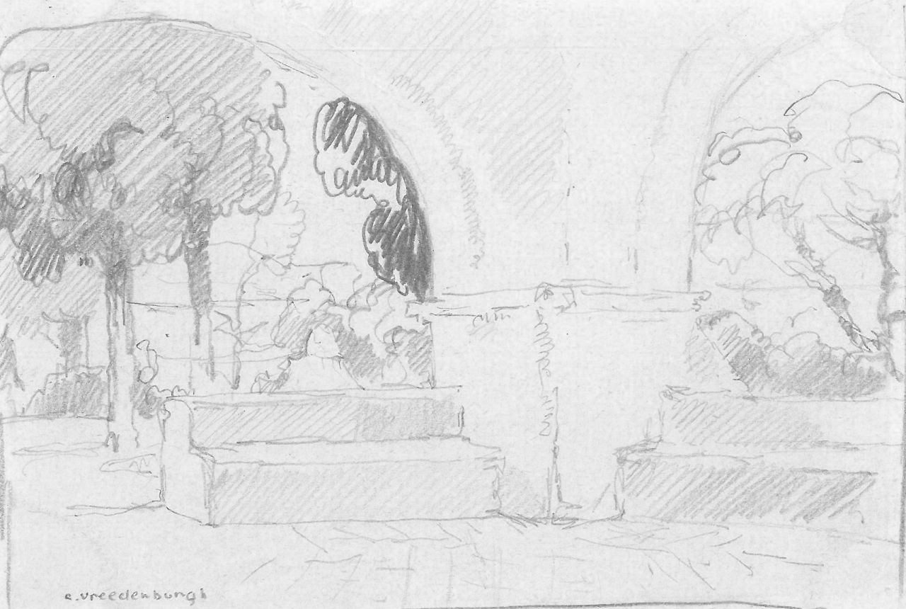 Vreedenburgh C. | Cornelis Vreedenburgh | Aquarellen en tekeningen te koop aangeboden | Een kloosterhof, potlood op papier 9,1 x 13,8 cm, gesigneerd linksonder Vreedenburgh C. | Cornelis Vreedenburgh | Aquarellen en tekeningen te koop aangeboden | Een kloosterhof, potlood op papier 9,1 x 13,8 cm, gesigneerd linksonder