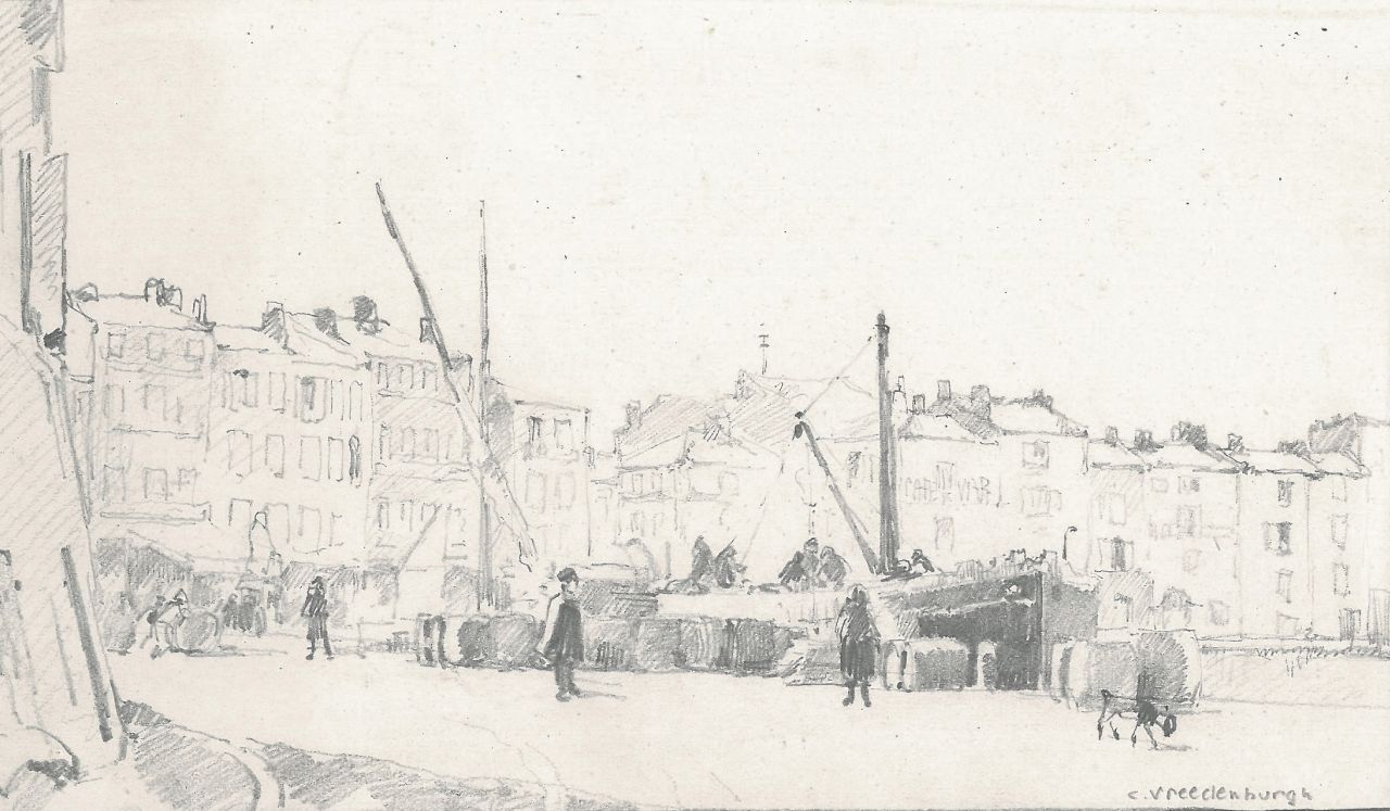 Vreedenburgh C. | Cornelis Vreedenburgh, In- en uitladen van vracht aan de kade, potlood op papier 10,9 x 18,9 cm, gesigneerd rechtsonder Vreedenburgh C. | Cornelis Vreedenburgh, In- en uitladen van vracht aan de kade, potlood op papier 10,9 x 18,9 cm, gesigneerd rechtsonder