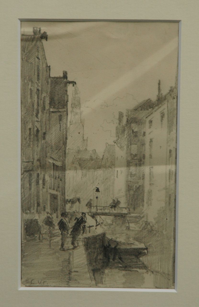 Vreedenburgh C. | Cornelis Vreedenburgh, De Oudezijds Kolk met de Oude Kerk in Amsterdam, potlood op papier 20,5 x 12,0 cm, gesigneerd linksonder met initialen Vreedenburgh C. | Cornelis Vreedenburgh, De Oudezijds Kolk met de Oude Kerk in Amsterdam, potlood op papier 20,5 x 12,0 cm, gesigneerd linksonder met initialen