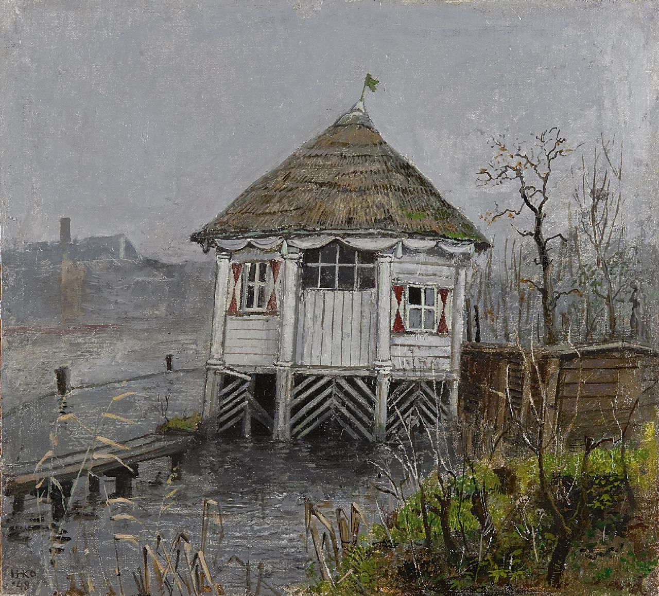 Kamerlingh Onnes H.H.  | 'Harm' Henrick Kamerlingh Onnes, Theekoepeltje aan het water, olieverf op doek op paneel 33,1 x 36,5 cm, gesigneerd linksonder met monogram en verso voluit op etiket en gedateerd '48