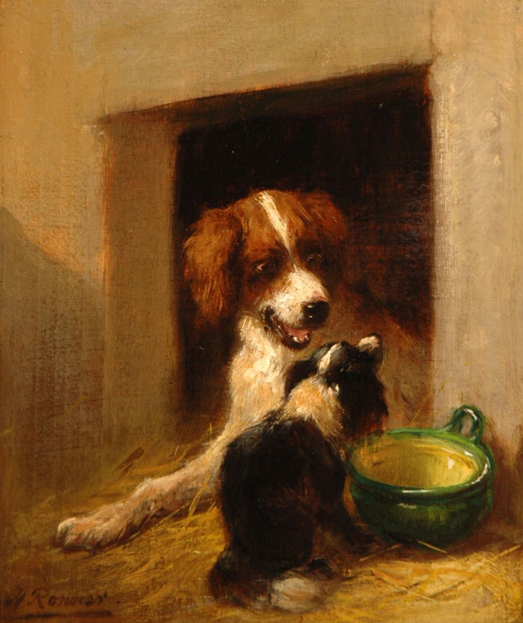Ronner-Knip H. | Henriette Ronner-Knip, Onverwacht bezoek, olieverf op paneel 17,4 x 14,7 cm, gesigneerd linksonder Ronner-Knip H. | Henriette Ronner-Knip, Onverwacht bezoek, olieverf op paneel 17,4 x 14,7 cm, gesigneerd linksonder