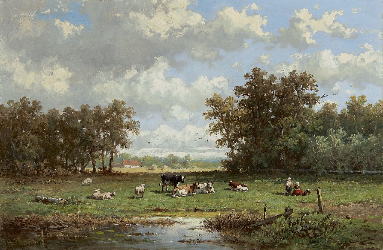 Wijngaerdt A.J. van | Anthonie Jacobus van Wijngaerdt, Weiland met rustend vee en hoedster, olieverf op paneel 23,6 x 35,7 cm, gesigneerd linksonder Wijngaerdt A.J. van | Anthonie Jacobus van Wijngaerdt, Weiland met rustend vee en hoedster, olieverf op paneel 23,6 x 35,7 cm, gesigneerd linksonder