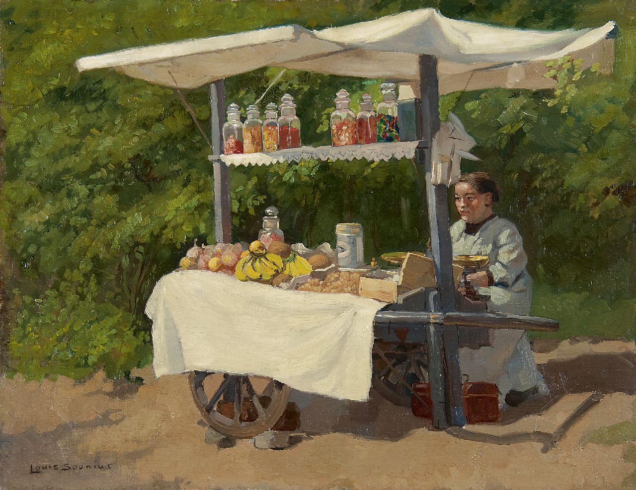 Soonius L.  | Lodewijk 'Louis' Soonius | Schilderijen te koop aangeboden | Vrouw met snoep- en fruitkar, olieverf op doek op paneel 34,9 x 45,3 cm, gesigneerd linksonder