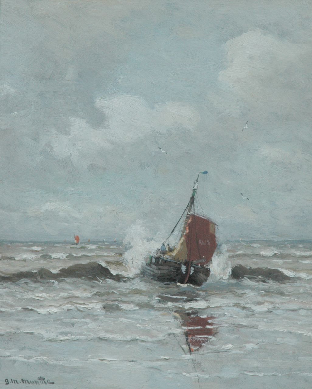 Munthe G.A.L. | Gerhard Arij Ludwig 'Morgenstjerne' Munthe, Zeegezicht met aankomende bomschuit, Katwijk, olieverf op paneel 40,0 x 32,1 cm, gesigneerd linksonder Munthe G.A.L. | Gerhard Arij Ludwig 'Morgenstjerne' Munthe, Zeegezicht met aankomende bomschuit, Katwijk, olieverf op paneel 40,0 x 32,1 cm, gesigneerd linksonder