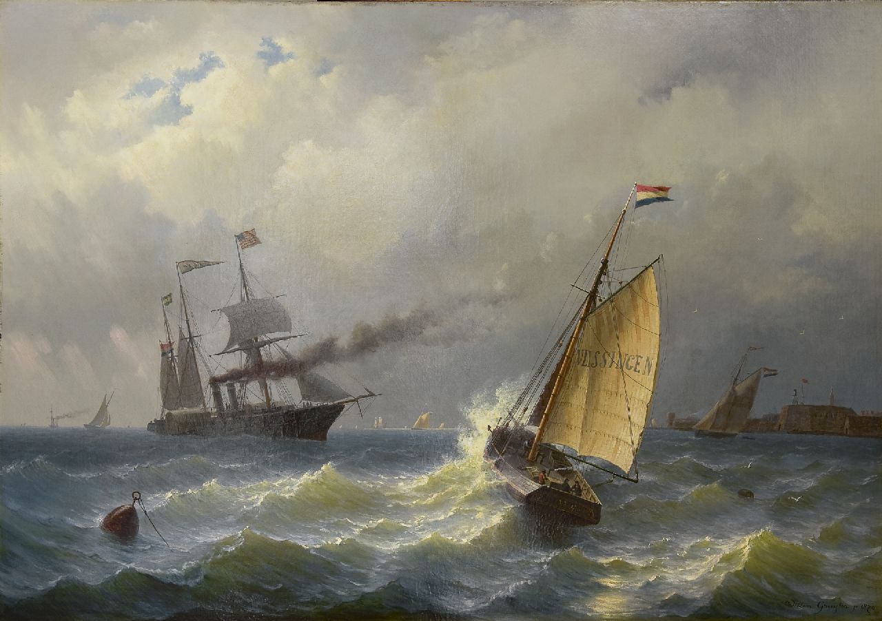 Gruijter jr. W. | Willem Gruijter jr., Loodskotter en raderstoomschip op de rede van Vlissingen, olieverf op doek 90,8 x 131,8 cm, gesigneerd rechtsonder voluit en met mon. op de spiegel v.h. schip en gedateerd 1870 Gruijter jr. W. | Willem Gruijter jr., Loodskotter en raderstoomschip op de rede van Vlissingen, olieverf op doek 90,8 x 131,8 cm, gesigneerd rechtsonder voluit en met mon. op de spiegel v.h. schip en gedateerd 1870