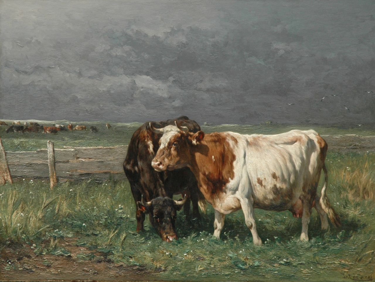 Haas J.H.L. de | Johannes Hubertus Leonardus de Haas, Vee in weidelandschap, olieverf op paneel 74,5 x 100,2 cm, gesigneerd rechtsonder