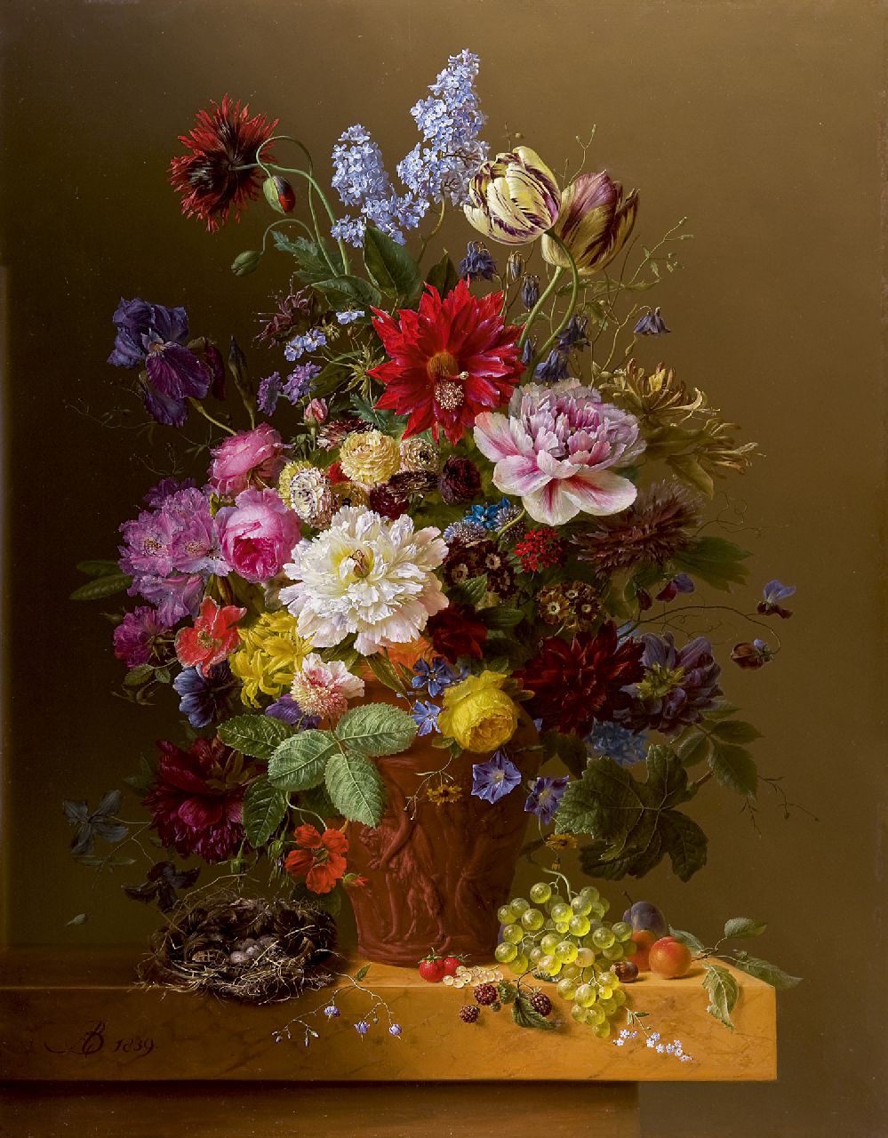 Bloemers A.  | Arnoldus Bloemers, Bloemen in een terracotta vaas op een marmeren blad, olieverf op paneel 104,2 x 81,4 cm, gesigneerd linksonder met monogram en gedateerd 1839